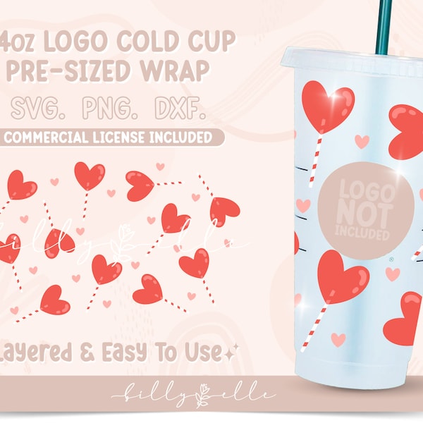 Lollipop Hearts Coffee Hole Wrap SVG - Valentines Day Digital SVG Cricut Silhouette Files - Candy Hearts Coffee 24oz Cold Cup PNG