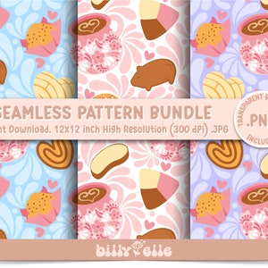 Op de afbeelding: Een set van drie naadloze patronen met een roze, witte en paarse achtergrond met verschillende Mexicaanse gebakjes, een kopje warme chocolademelk en harten. De tekst "SEAMLESS PATTERN BUNDLE" staat bovenaan de afbeelding. De tekst "Instant Download. 12x12 inch High Resolution (300 dpi).JPG" staat onder de titel. De tekst ".PNG INCLUDED" staat in een cirkel met een transparante achtergrond.