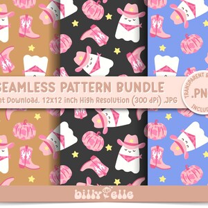 Peut inclure: Un ensemble de motifs sans couture avec divers motifs. Les motifs comprennent un fantôme portant un chapeau de cow-boy et un bandana, des bottes de cow-boy et des citrouilles. Le texte "SEAMLESS PATTERN BUNDLE" est affiché. Les motifs mesurent 30,48 x 30,48 cm.
