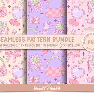 Könnte beinhalten: Ein nahtloses Musterpaket mit sich wiederholenden Illustrationen von Handtaschen, herzförmigen Spiegeln, Handys, Schleifen und Erdbeer-Lippenbalsam. Die Muster sind in Pastellrosa, Lila und Creme gehalten. Der Text "SEAMLESS PATTERN BUNDLE" wird angezeigt.