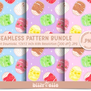 May include: A seamless pattern bundle featuring colorful, cartoonish ice cream bars on various pastel backgrounds. The ice cream bars have different flavors and toppings, including chocolate, strawberry, and lemon. The text "SEAMLESS PATTERN BUNDLE" is displayed.