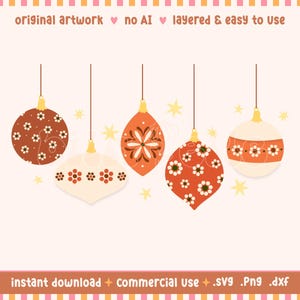 May include: A collection of five hanging Christmas ornaments in shades of brown, orange, and white, each with unique floral patterns. The ornaments are suspended by thin brown strings against a cream background. Text reads "original artwork, no AI, layered & easy to use."