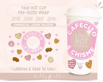 Cafecito & Chisme Wrap Hot Cup - Mexican Pan Dulce Digital Download SVG Cricut - Silhouette - Mexican Conchas SVG - Wrap Template SVG