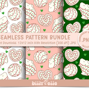 May include: A digital download of three seamless patterns featuring gingerbread cookies in various shapes, including hearts, circles, and a gingerbread person. The patterns are on white, pink, and green backgrounds.