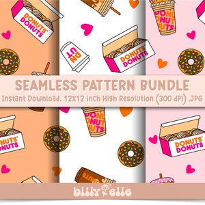 D&#39; Donuts seamless pattern bundle - Iced Coffee pattern - Digital Download High Resolution JPG - Donuts and Coffee repeating pattern