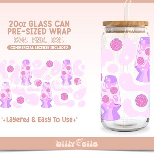May include: A clear 20oz glass can with a bamboo lid and straw, featuring a repeating pattern of pink lava lamps and spheres on a light pink background. The text "20oz GLASS CAN PRE-SIZED WRAP" is visible.