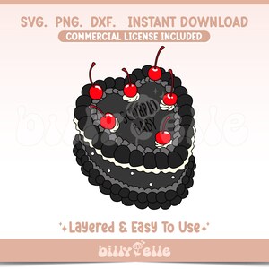 May include: Black and white illustration of a heart-shaped chocolate cake with red cherries on top. The cake is decorated with white frosting and the words "Scorpio Baby" are written in black on the cake.