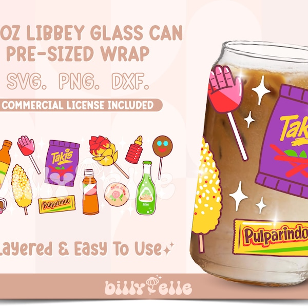 Mexican Snacks 16oz Libbey Glass Can Wrap - Mexican Candy - Digital Download SVG Files For Cricut - Takis - Tajin 16oz Libbey Can Template