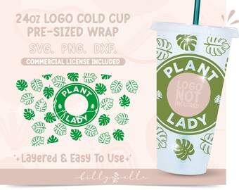 May include: A white 24 ounce cold cup wrap design featuring a green plant lady logo with the text "Plant Lady" and a circle for a logo. The design also includes green monstera leaves. The text "Logo Not Included" is also included in the design.