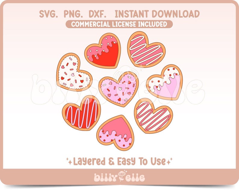 May include: Eight heart-shaped cookies with various pink and red frosting designs, including sprinkles, stripes, and drizzled icing. The cookies are arranged in a circle on a white background. The text "Layered & Easy To Use" and "billy Pelle" are at the bottom of the image.