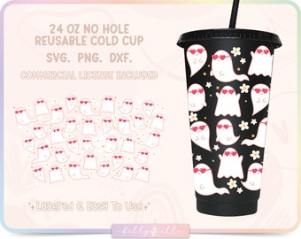 Lovely Ghosts 24oz Tumbler Wrap SVG - Halloween Digital Download SVG Files For Cricut Silhouette - Spooky Season Aesthetic Cold Cup Template