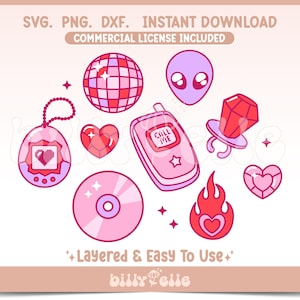 Pacote inspirado no Y2K SVG - 2000 retro Stickers PNG - Layered Cricut Files - Download Easy SVG - Colorful 2000 Girl y2k ring pop vintage
