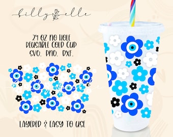 邪眼レトロフラワー スターバックス 24 オンス コールドカップ - 花柄抽象デジタルダウンロード SVG Cricut - シルエット - レトロトルコアイラップ SVG