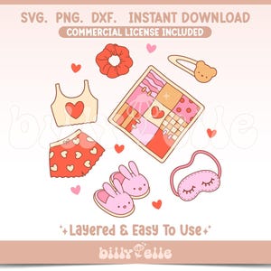 May include: A set of digital cut files for a cute pyjamas design. The design includes a pink and red patchwork quilt, a pair of pink bunny slippers, a pink sleep mask, a pink and red top with a heart, and pink and red shorts with hearts. The text "Layered & Easy To Use" is included in the design.