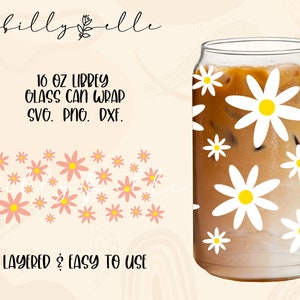 Daisy Flowers Pattern Libbey Glass Can Wrap - Groovy - Digital Download SVG Files For Cricut - Flowers Boho Wrap Template - 16oz Template