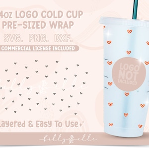 Peut inclure: Un design numérique pour un emballage de gobelet froid de 24 onces avec un fond blanc et un motif de cœurs orange. Le design comprend le texte "LOGO NOT INCLUDED".