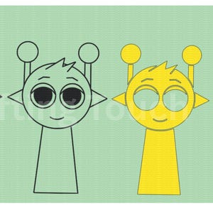 Könnte beinhalten: Drei Comic-Aliens mit verschiedenen Körperfarben: Schwarz, Grün und Gelb. Jedes Alien hat zwei Antennen, große Augen und einen kleinen Mund. Die Aliens lächeln alle.