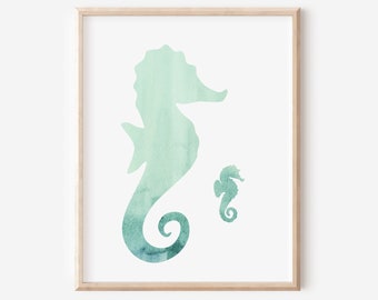 Mamma e bambino cavalluccio marino stampabile, stampa dell'oceano della scuola materna, arte della parete nautica per bambini, poster di mamma e bambino, arte dell'acquerello di animali marini