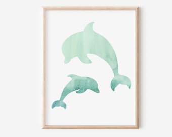 Impresión de acuarela de delfín: Arte náutico de mamá y bebé (Descarga digital)