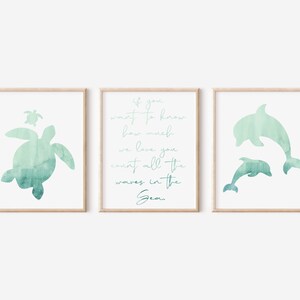 Si vous voulez savoir à quel point nous vous aimons, comptez toutes les vagues dans l’ensemble imprimé de 3 mers, Ensemble imprimable Nursery Beach, Art mural nautique pour enfants