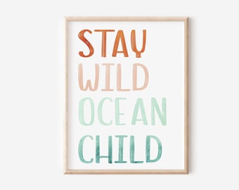 Stay Wild Ocean Kind Aquarell Digitaldruck, Kinderzimmer Strand Druck, Kinder nautische Wandkunst