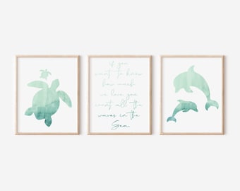 Nautical Nursery Print Set: Teal Sea Turtle, Dolphin Wall Art (Digital Download)