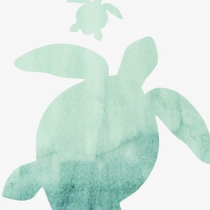 May include: A watercolour illustration of two sea turtles, one large and one small, in shades of green. The turtles are facing the right side of the image.