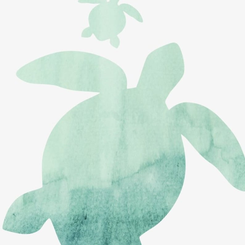 May include: A watercolour illustration of two sea turtles, one large and one small, in shades of green. The turtles are facing the right side of the image.