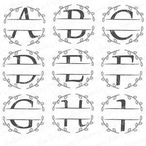 May include: Nine different monogram designs featuring a single letter in a gray wreath with a split line for adding a name. The letters are A, B, C, D, E, F, G, H, and I.