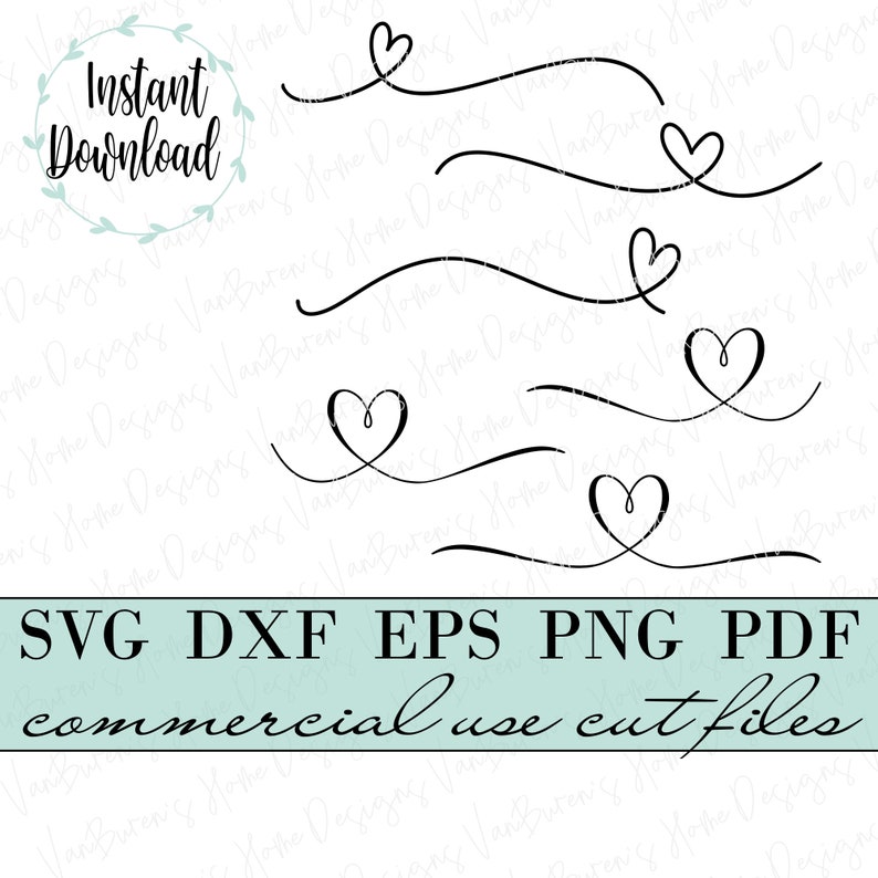 May include: Black line art of hearts and flowing lines. The image includes the text "Instant Download" and file type options: SVG, DXF, EPS, PNG, and PDF. The text "commercial use cut files" is also present.