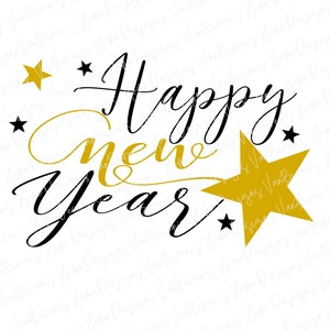 以下が含まれることがあります： 黒と金のグラフィックデザインで、「Happy New Year」の文字と星が描かれています。