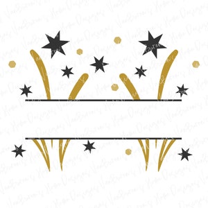 Puede incluir: Un diseño de monograma dividido con un esquema de color negro y dorado. El diseño presenta una línea con estrellas y formas doradas de fuegos artificiales arriba y abajo de la línea. El texto "Van Buren's Home Designs" se repite en un color gris claro descolorido en todo el fondo.