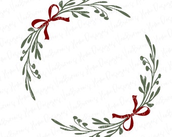 May include: A green wreath with two red bows. The wreath is made of leaves and berries. It is a simple and elegant design that would be perfect for a holiday or winter wedding.