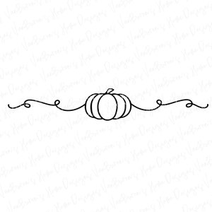 May include: A black and white line drawing of a pumpkin with a stem and two lines to create the shape of the pumpkin. The pumpkin is centered between two curved lines that extend to the left and right.
