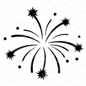 Può includere: Silhouette in bianco e nero di un fuoco d'artificio che esplode con più scintille che si irradiano verso l'esterno. Il fuoco d'artificio è un design semplice con una forma a stella alla fine di ogni scintilla.