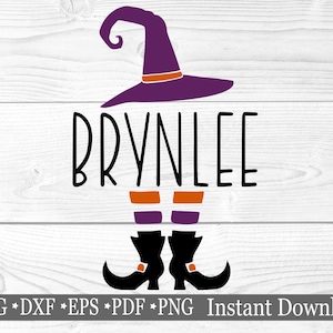 Pieds et chapeau de sorcière Halloween monogramme coupé fichier, svg cadre nom séparé, étiquette nominative personnalisée pour sacs de friandises, tasses, panneaux et chemises.