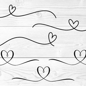 May include: Black line art of hearts and curved lines on a white wood grain background. The image features several heart designs, each with a unique shape and style, suitable for various design projects.