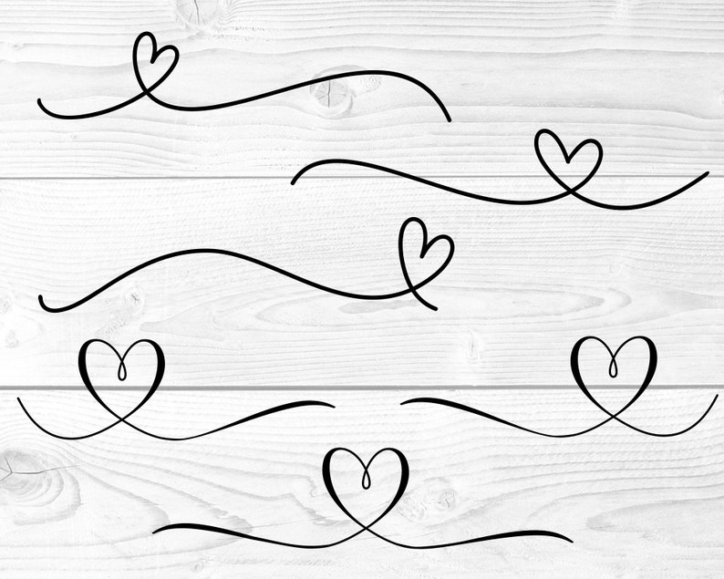 May include: Black line art of hearts and curved lines on a white wood grain background. The image features several heart designs, each with a unique shape and style, suitable for various design projects.