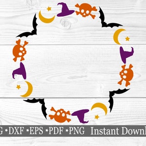 May include: A black and white Halloween wreath with bats, skulls, stars, and crescent moons. The wreath is decorated with purple witch hats and orange skulls.