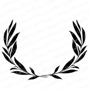 May include: Black and white silhouette of a wreath made of stylized leaves. The wreath is symmetrical and has a circular shape.