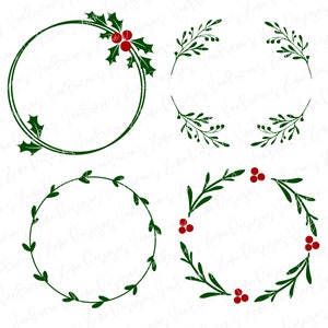 以下が含まれることがあります： 緑の葉と赤い実がついた、クリスマスのリースのデザインが4つあります。リースは、家の装飾に華やかさを添えるのに最適です。