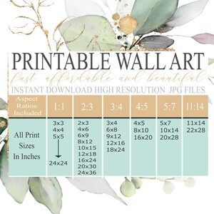 May include: Printable wall art in various sizes and aspect ratios. The chart shows the different sizes available for each aspect ratio, including 3x3, 4x4, 5x5, 2x3, 4x6, 6x9, 8x12, 10x15, 12x18, 16x24, 20x30, 24x36, 3x4, 6x8, 9x12, 12x16, 18x24, 4x5, 8x10, 16x20, 5x7, 10x14, 20x28, 11x14, 22x28.