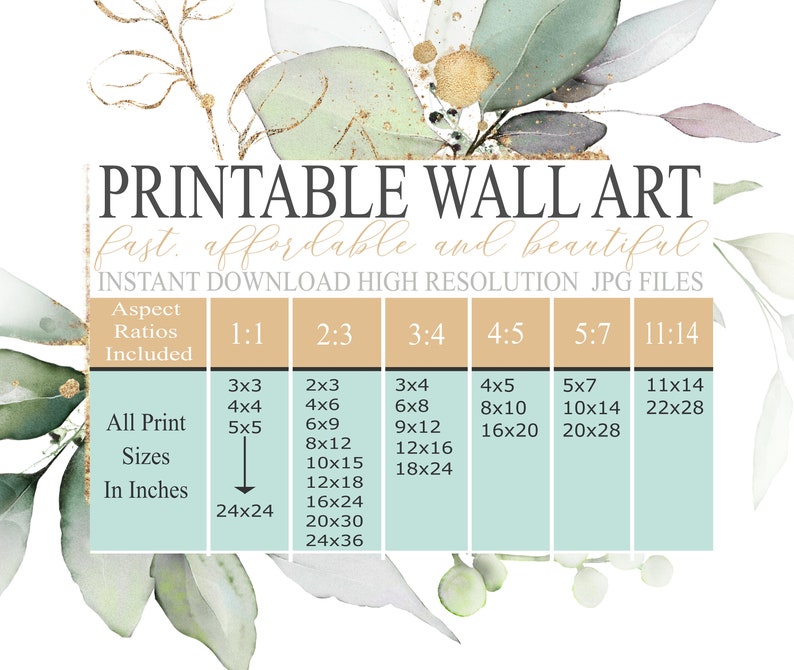 May include: Printable wall art in various sizes and aspect ratios. The chart shows the different sizes available for each aspect ratio, including 3x3, 4x4, 5x5, 2x3, 4x6, 6x9, 8x12, 10x15, 12x18, 16x24, 20x30, 24x36, 3x4, 6x8, 9x12, 12x16, 18x24, 4x5, 8x10, 16x20, 5x7, 10x14, 20x28, 11x14, 22x28.
