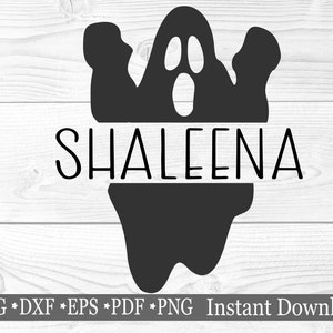May include: Black and white silhouette of a ghost with the name "SHALEENA" written across the middle. The ghost is in a spooky pose with its arms raised and its mouth open in a scream.