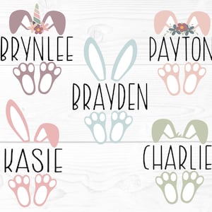 Paashaas bundel SVG, gesplitste naamframes, Bunny oren en voeten SVG, Pasen monogram PNG, lente naamplaatjes SVG, baby onesie
