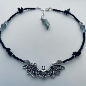 Moon phases bat and obsidian crystals necklace/choker with hanging smoky aura Quartz point