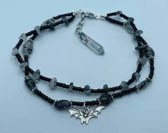 Bracelet de cheville double en cristaux de quartz rutile avec charme chauve-souris avec aura suspendue Quartz