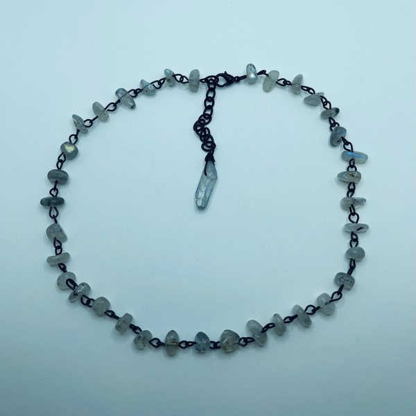 Labradorite crystal chain choker/ necklace with hanging smoky aura Quartz point