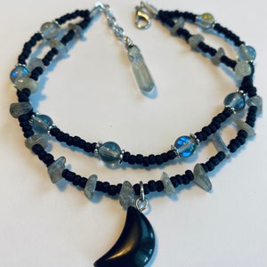 Labradorite and obsidian crystal moon double stranded anklet with quartz