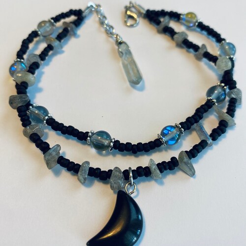 Labradorite and Obsidian Crystal Moon Double Stranded Anklet Etsy